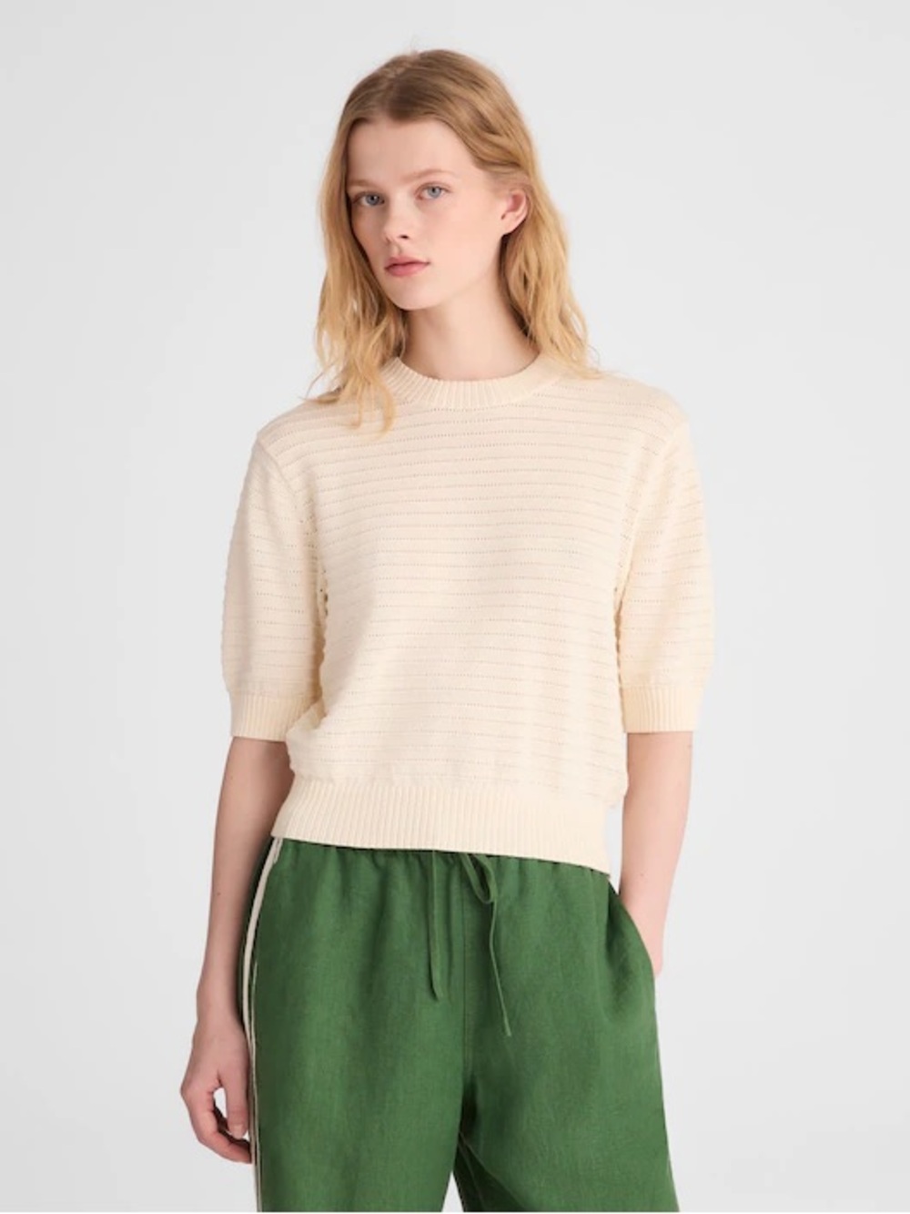 NEW Madewell Textural-Stitch Crewneck Cotton Sweater vintage ivory